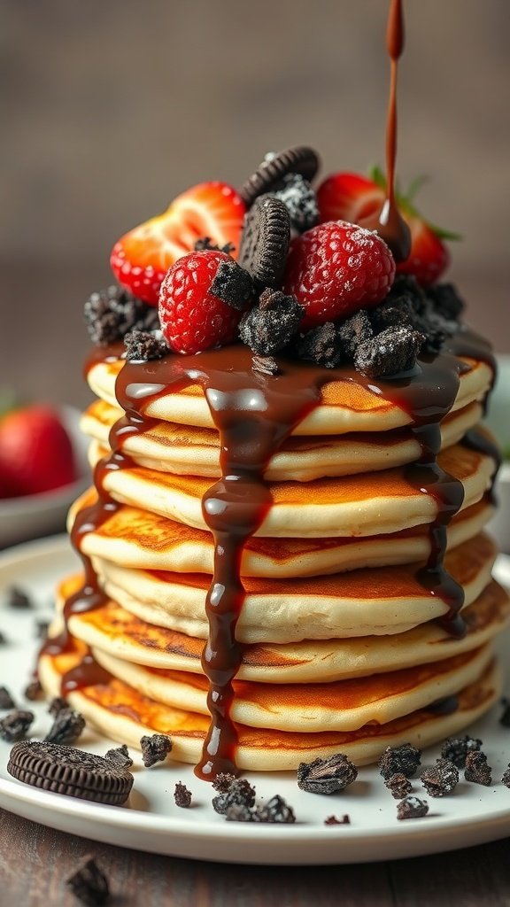 A stack of delicious Oreo pancakes topped with strawberries, Oreo crumbs, and chocolate syrup.