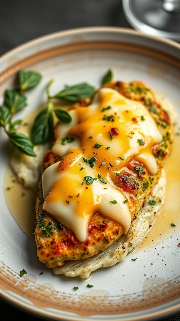 Oven-baked pesto chicken with melted cheese on a plate, garnished with fresh herbs.