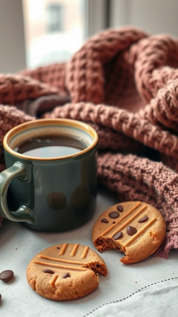 Peanut butter cookies and a cup of coffee on a cozy table with a knitted blanket