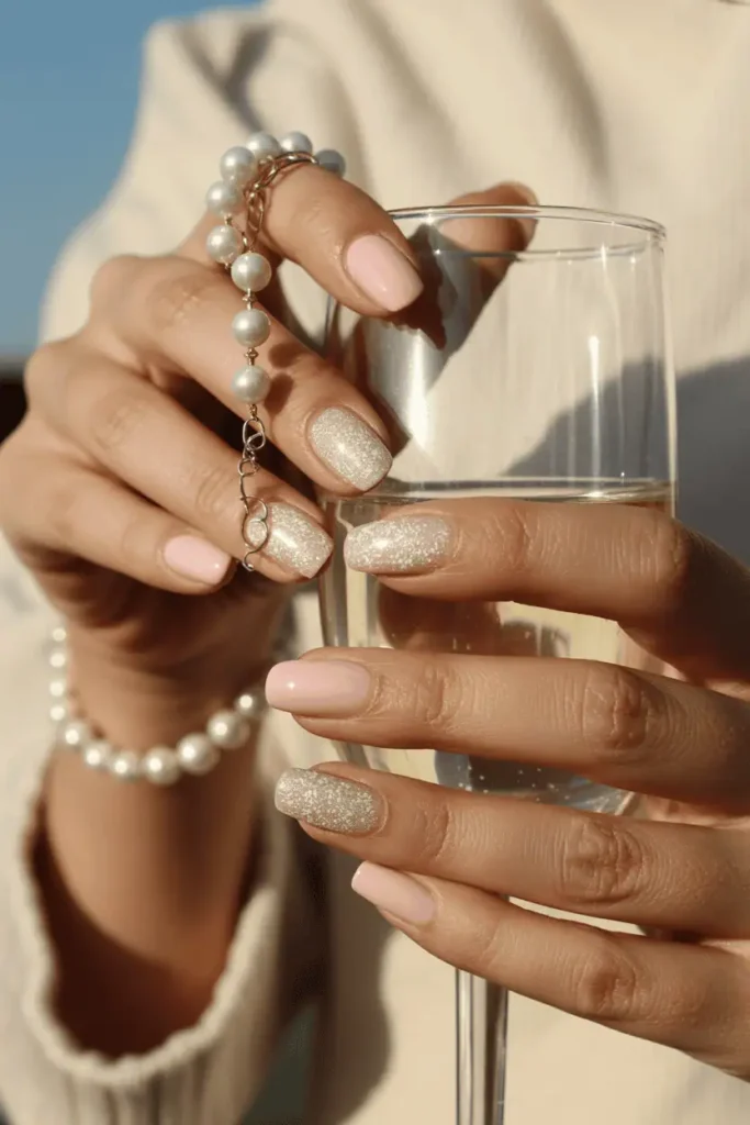 Pale pink nails blending into white glitter fade, holding a pearl necklace or champagne glass. Soft elegant lighting.