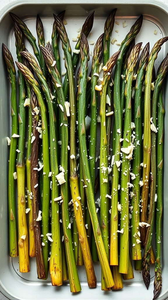 A baking sheet filled with fresh asparagus spears topped with grated Parmesan cheese, ready to be roasted.