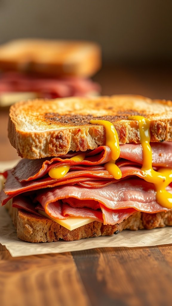 A close-up of a pastrami and Swiss sandwich on rye bread, with mustard dripping from the layers.