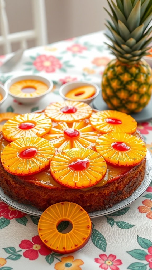 A colorful pineapple upside-down cake decorated with pineapple slices and cherries, set on a floral tablecloth.