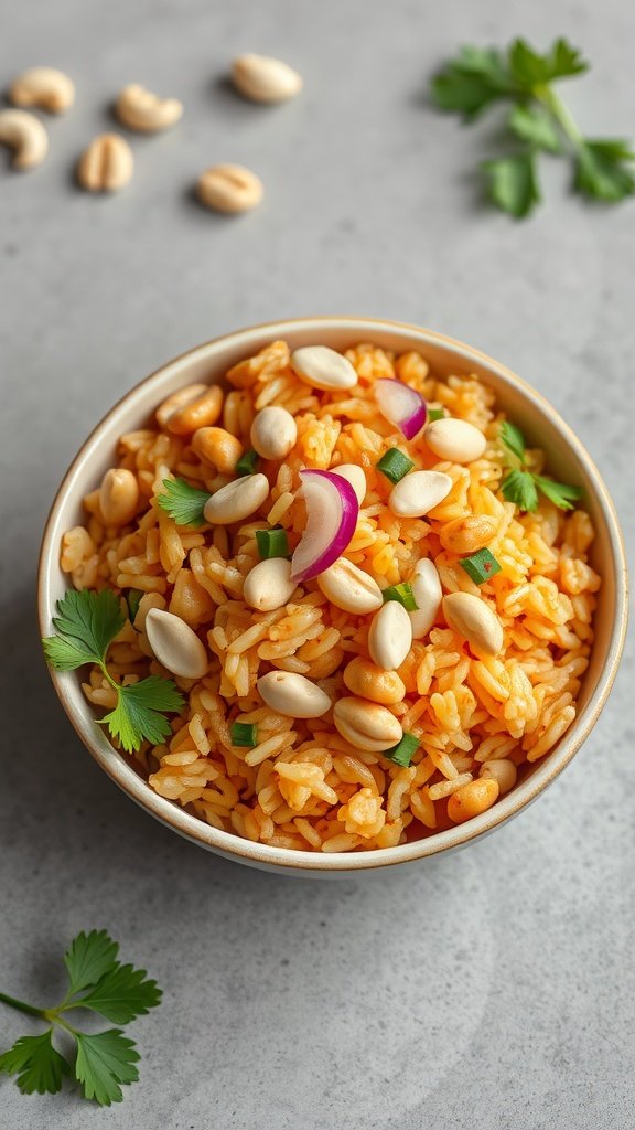 A bowl of puffed rice mixture (Muri) with peanuts, onions, and coriander on a gray background.