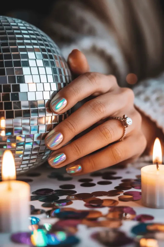 Rainbow holographic nails reflecting colorful lights, hand near confetti or disco ball. Sparkly party background.