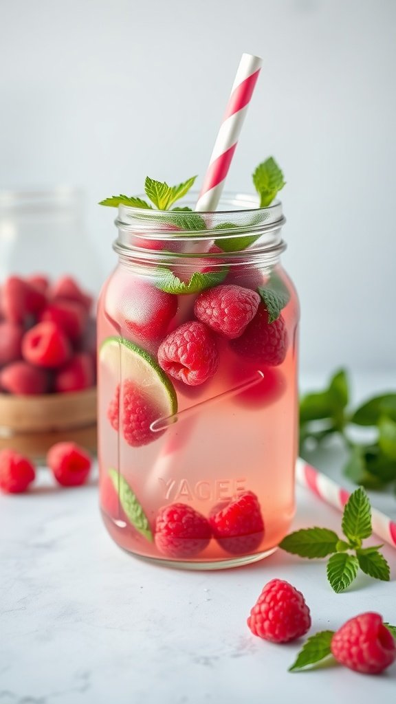 A refreshing Raspberry Mint Cooler in a jar with raspberries and mint leaves.