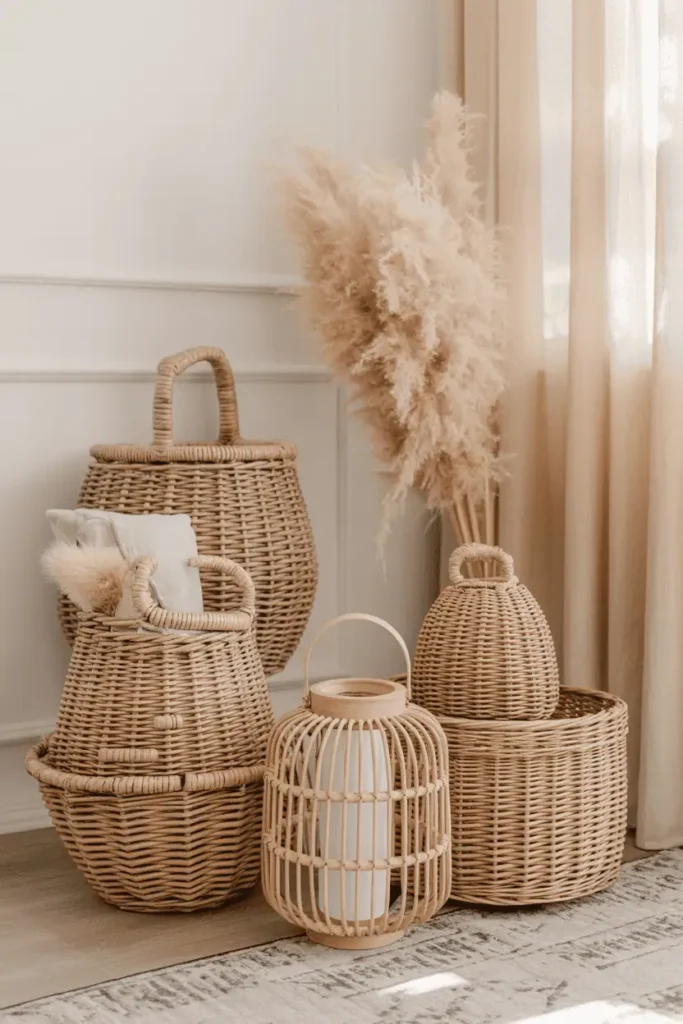 “rattan and wicker spring home decor, woven baskets and lanterns styled in a bright living room, pale neutrals, soft sunlight, cozy modern spring look, realistic photography, no text, 2:3 vertical”