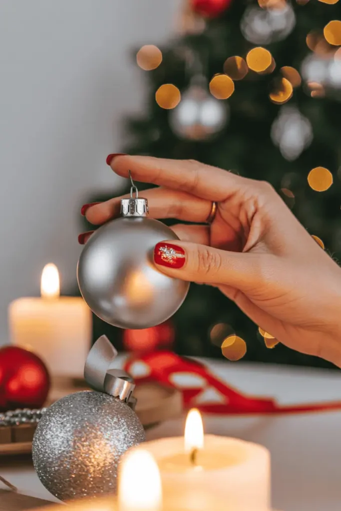 Red nails with silver glitter accent holding a shiny silver ornament, festive bokeh lighting, New Year’s Eve vibe.