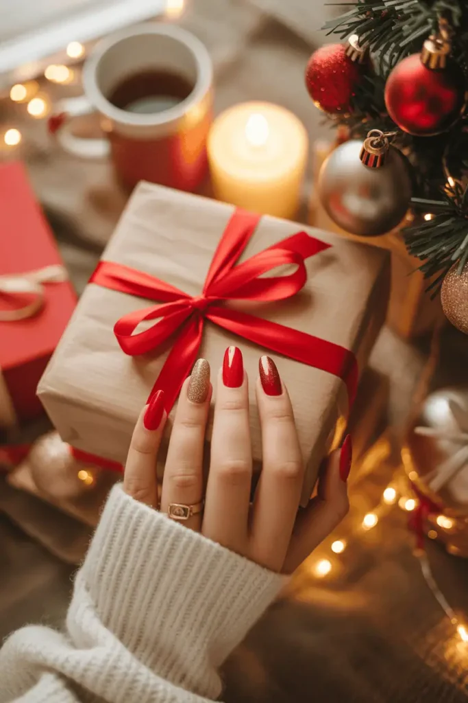 Red-to-glitter ombré nails holding a wrapped Christmas gift with red ribbon, glowing warm light and cozy holiday background.