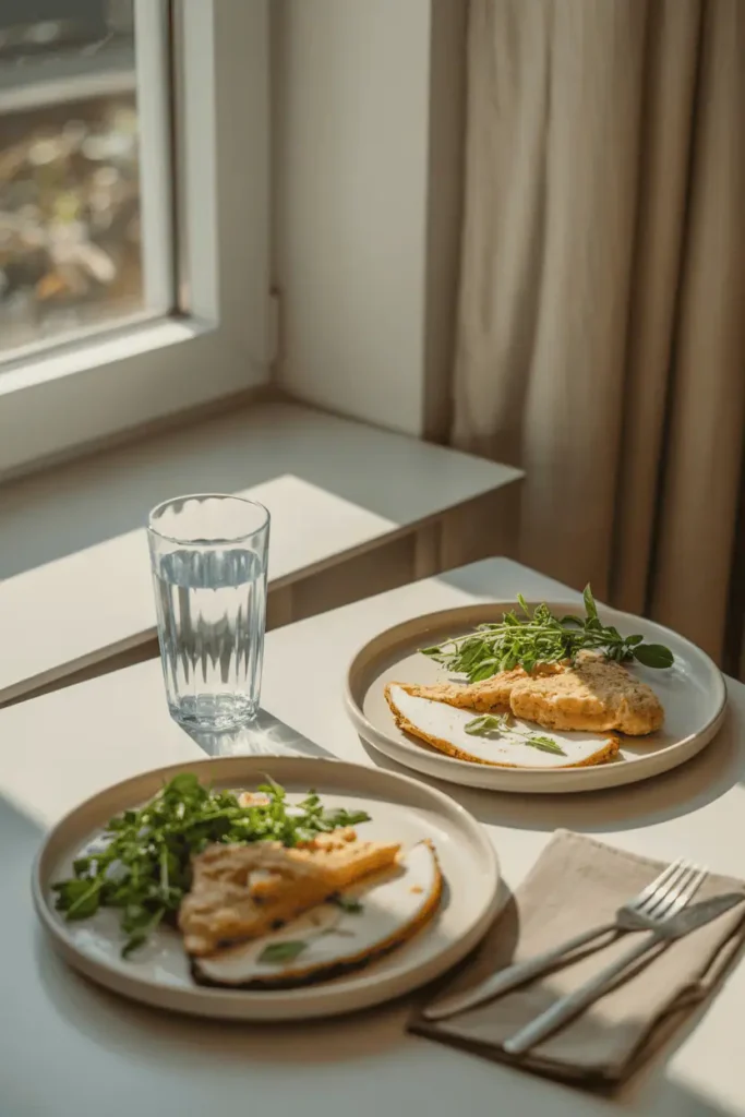 “relaxed spring lunch scene at home, plates with light food, glass of water, sunlight through window, calm airy atmosphere, lifestyle food photography, photorealistic, no text, vertical 2:3”