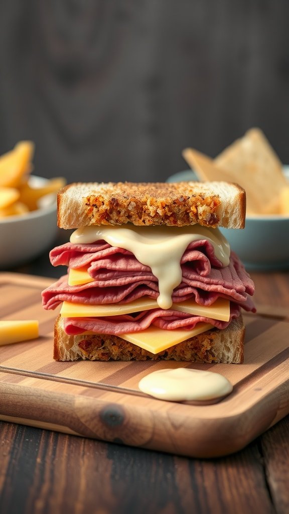 A close-up of a roast beef and cheddar sandwich stacked with layers of meat and cheese, served on a wooden platter.