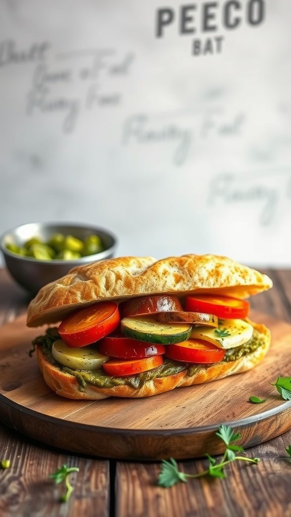 A roasted vegetable sandwich with zucchini and tomatoes on a wooden board