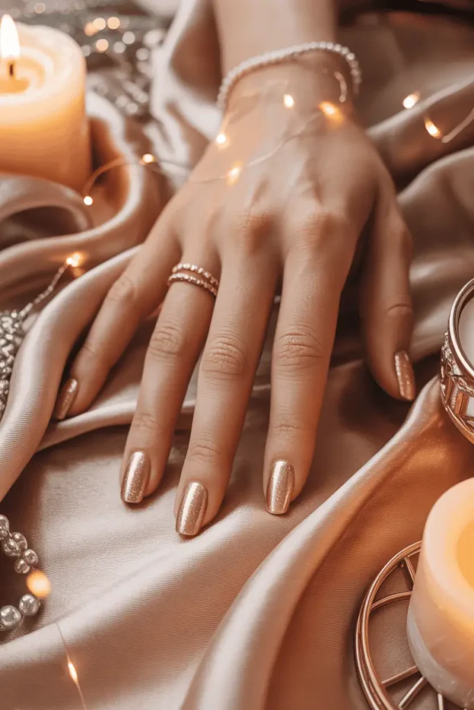Rose gold metallic nails resting on soft pink satin fabric, warm sparkle lighting, elegant holiday vibe.