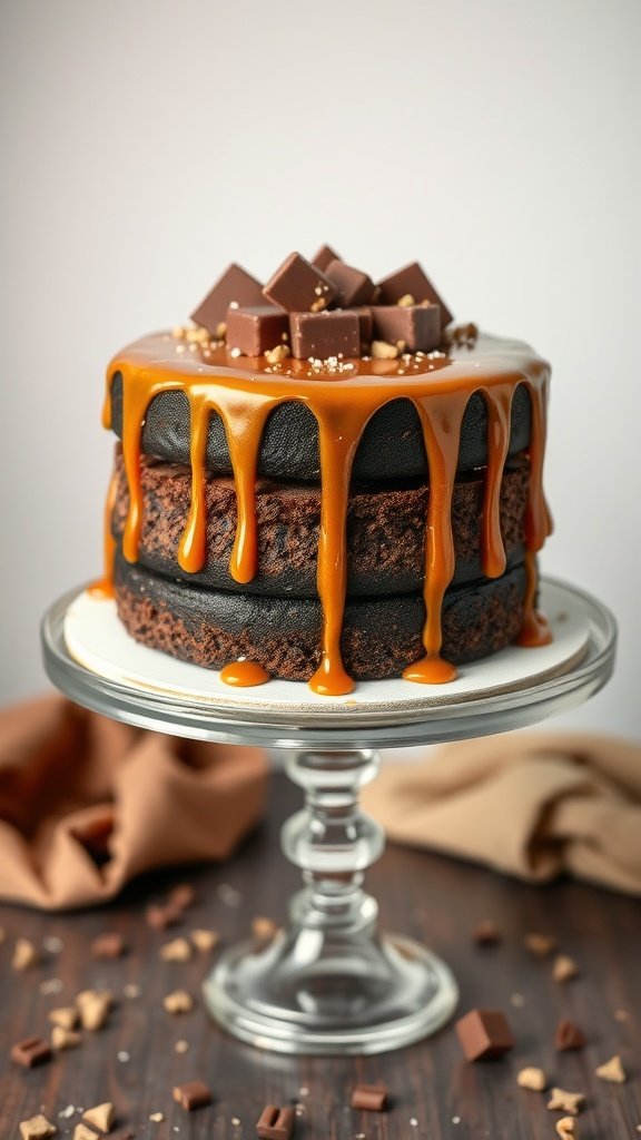 A decadent salted caramel chocolate layer cake with caramel drizzle and chocolate chunks on top.