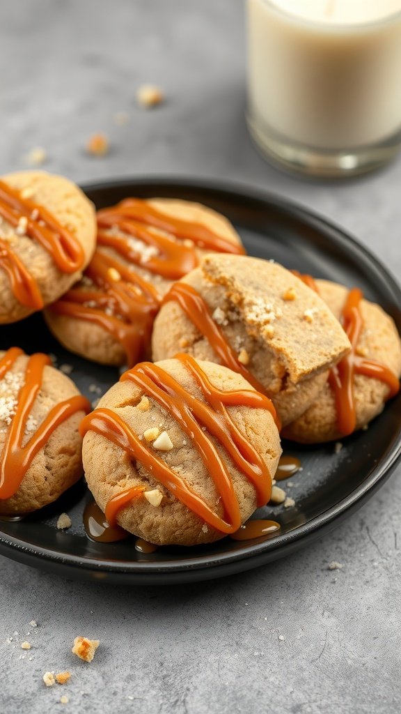 A plate of salted caramel no bake cookies drizzled with caramel and topped with sea salt, next to a glass of milk.
