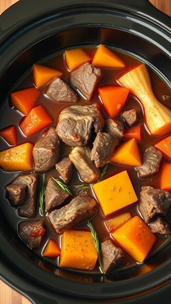 A crock pot filled with beef stew and root vegetables, showcasing tender beef chunks and colorful diced vegetables in a savory broth.