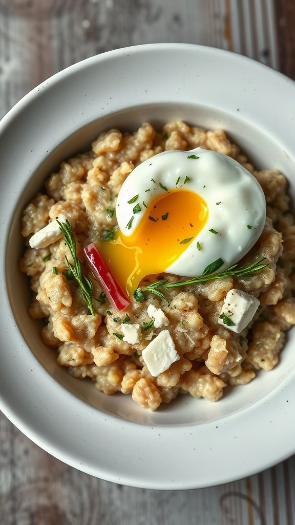A bowl of savory oatmeal topped with a soft-boiled egg, cheese, and herbs.