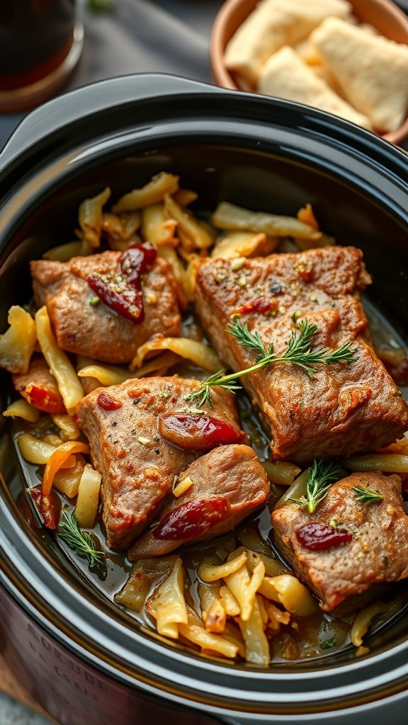 Crock pot filled with pork, sauerkraut, and peppers, garnished with herbs.