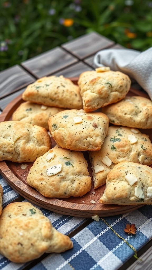 A wooden platter with freshly baked savory scones, topped with cheese and herbs, on a picnic blanket.