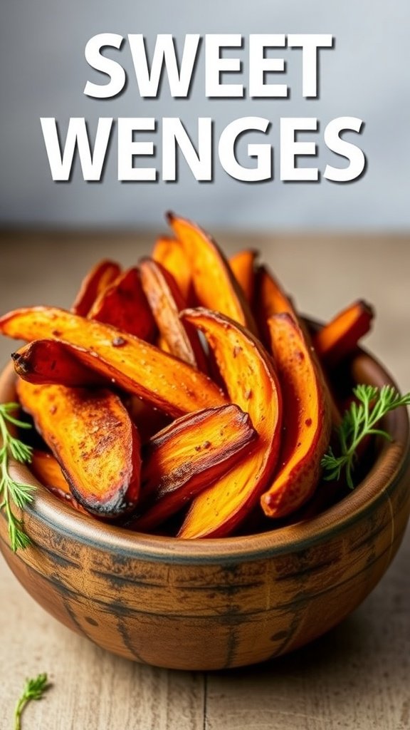 A bowl of roasted sweet potato wedges with a rustic feel.