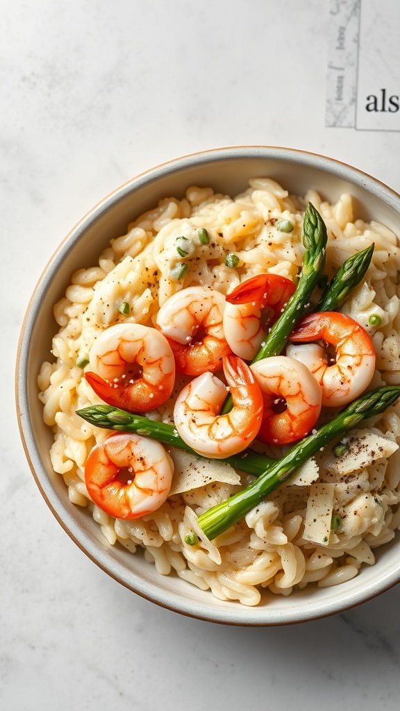 A bowl of shrimp and asparagus risotto topped with Parmesan cheese and black pepper.