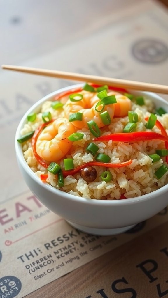 A bowl of shrimp fried rice with vegetables, featuring shrimp, red bell peppers, and green onions.