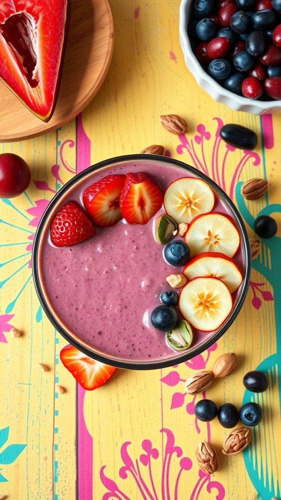 A colorful smoothie bowl topped with strawberries, blueberries, and nuts on a vibrant background.