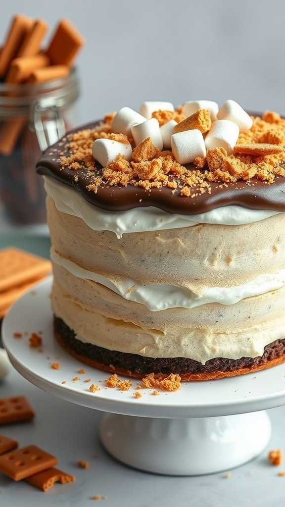 A beautifully layered s'mores cake topped with chocolate ganache, mini marshmallows, and crushed graham crackers.