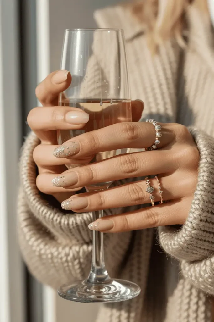 Soft beige nails with fine glitter accents holding a champagne glass or jewelry. Elegant, understated festive background.