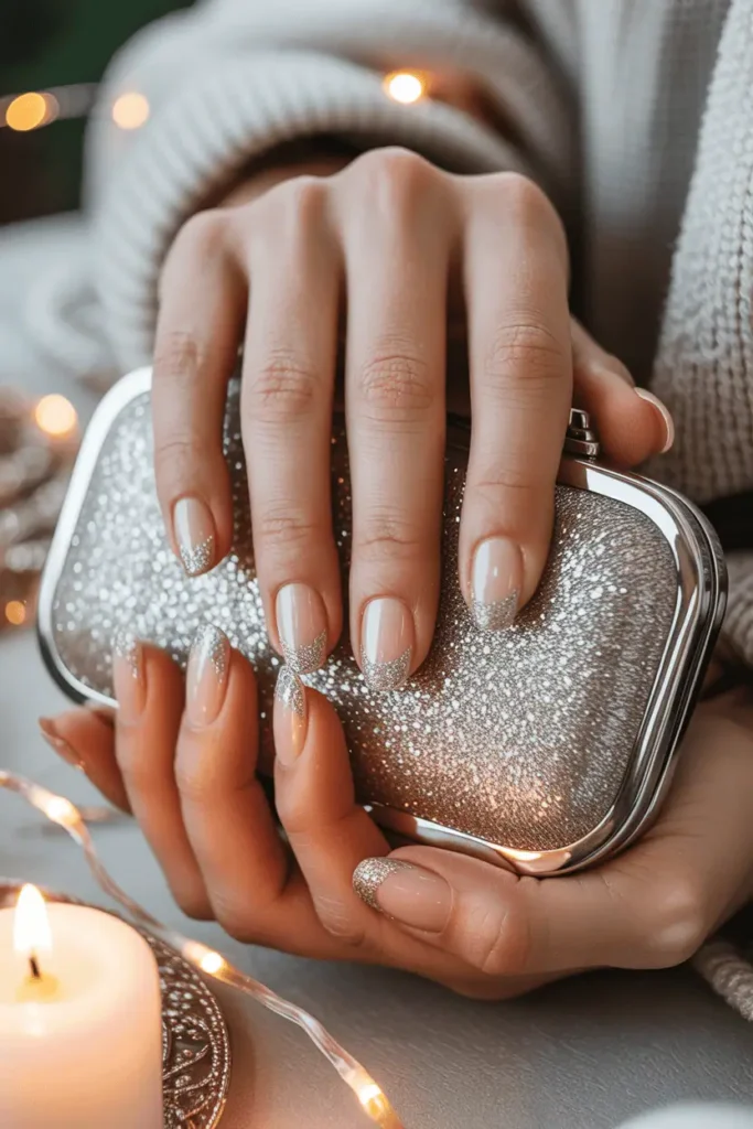 Soft nude nails fading into silver glitter tips holding a metallic clutch or jewelry. Elegant and polished style.