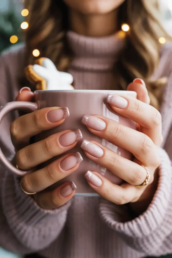 Soft pink nails with glitter fade tips, holding a mug or Christmas cookie. Feminine cozy lighting, warm tones.