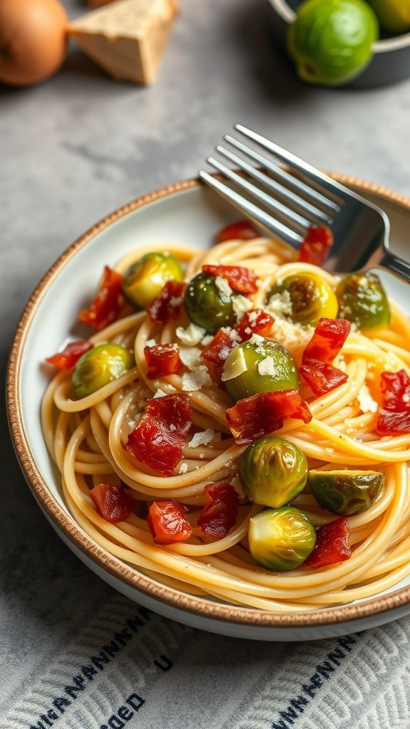 A plate of spaghetti topped with bacon and Brussels sprouts, garnished with cheese.