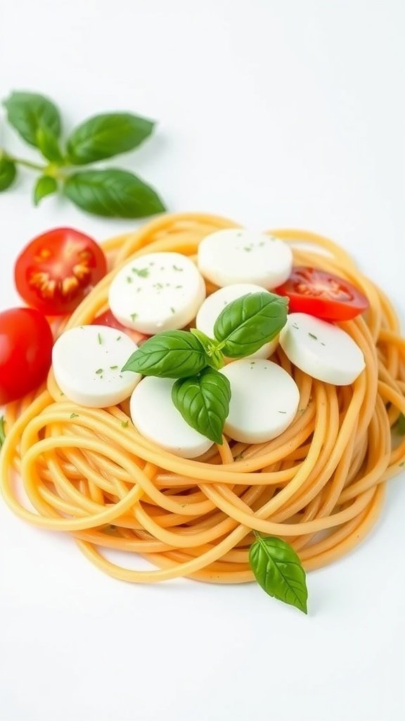 A plate of spaghetti topped with mozzarella, tomatoes, and fresh basil