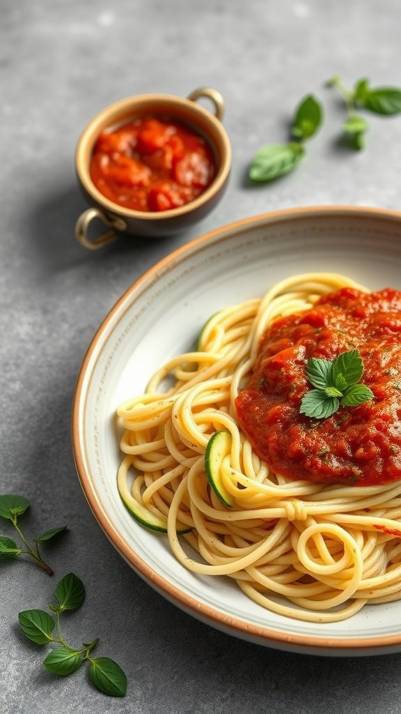 A plate of spaghetti with zucchini noodles topped with tomato sauce and garnished with herbs.
