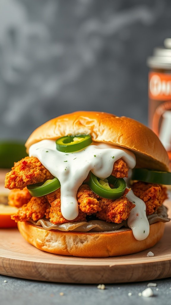 A spicy chicken sandwich with jalapeños, creamy sauce, and a golden bun on a wooden board.