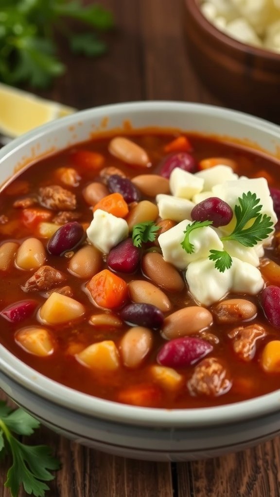 A bowl of spicy cottage cheese and bean chili with a medley of beans and vegetables, garnished with cottage cheese and cilantro.