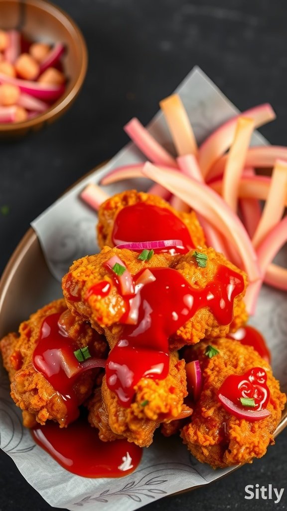 A plate of spicy Korean fried chicken with a vibrant red sauce, garnished with green onions and served with sliced radish.