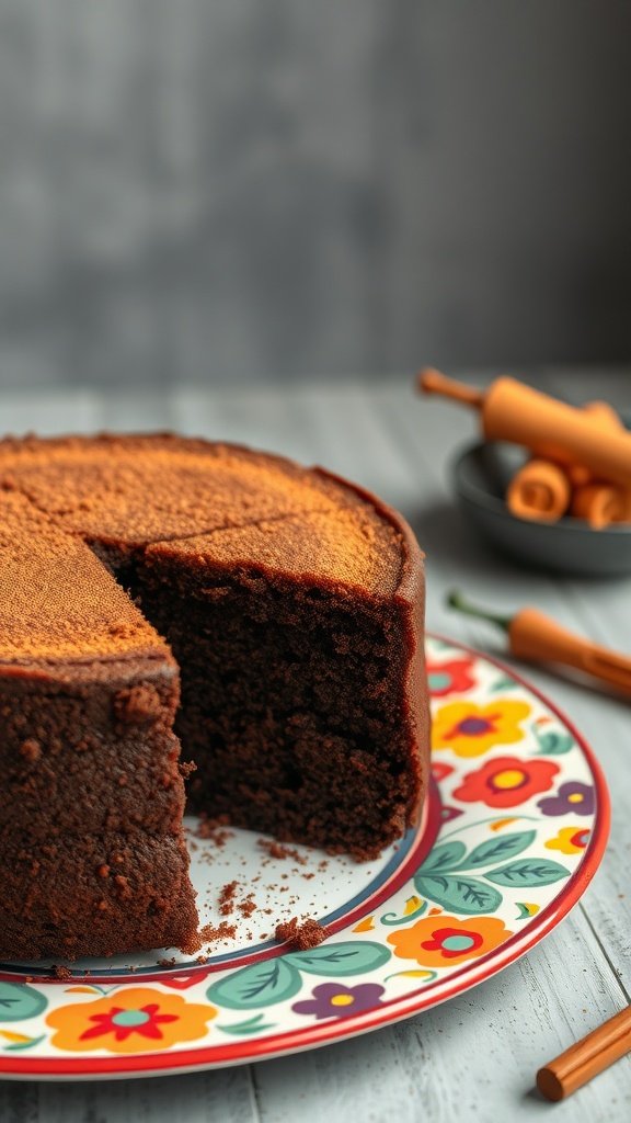 A slice of spicy Mexican chocolate cake on a colorful floral plate, with rolling pins and cinnamon sticks in the background