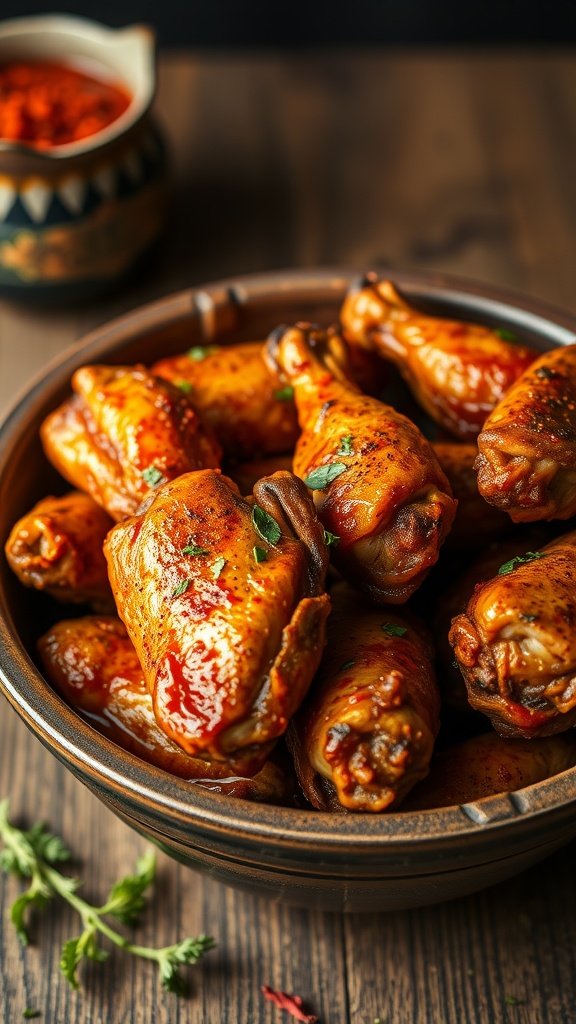 A bowl of spicy paprika baked chicken wings garnished with herbs, with a pot of paprika in the background