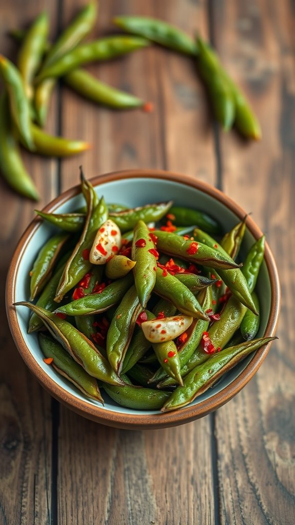 A bowl of spicy roasted edamame with garlic and red chili flakes on a wooden table.