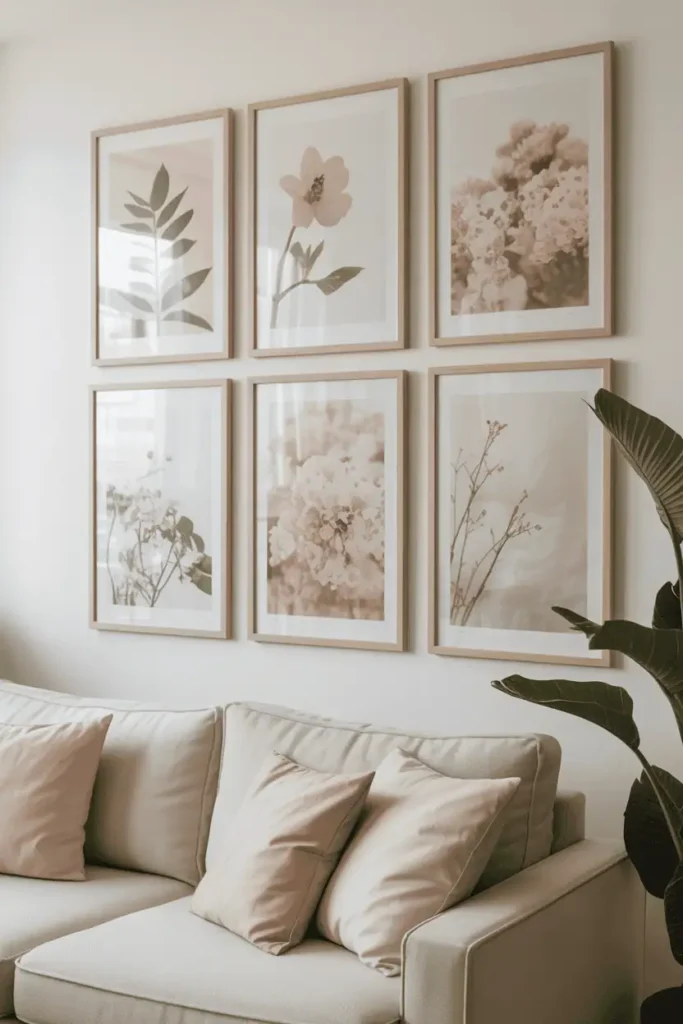 “spring-inspired art prints on a clean gallery wall, botanicals and pastel abstract prints in natural wood frames, airy bright room, calm minimal decor style, realistic photography, no text, 2:3 vertical”