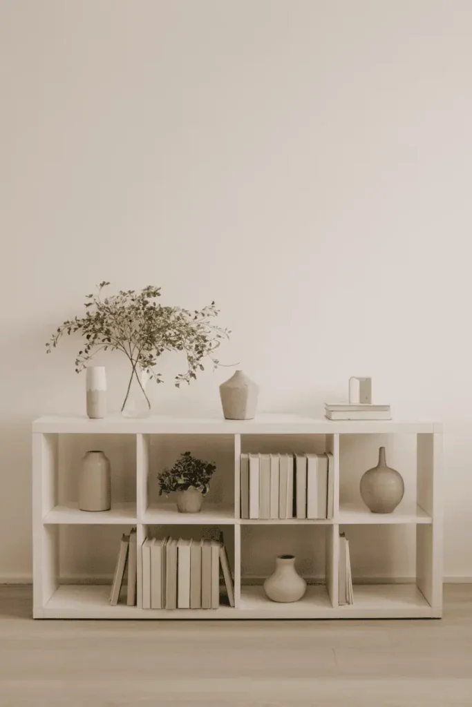 “spring-styled bookshelf with pastel books, small ceramic vase, greenery, and light open space, airy Scandinavian decor, soft bright light, realistic photography, no text, 2:3 vertical”