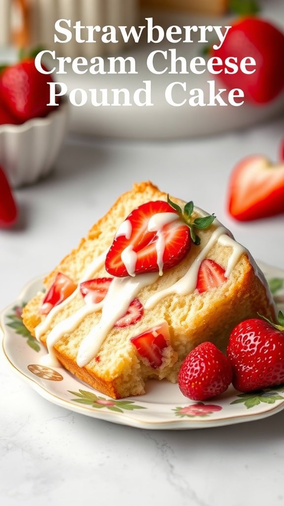 A slice of Strawberry Cream Cheese Pound Cake topped with fresh strawberries and icing on a decorative plate.