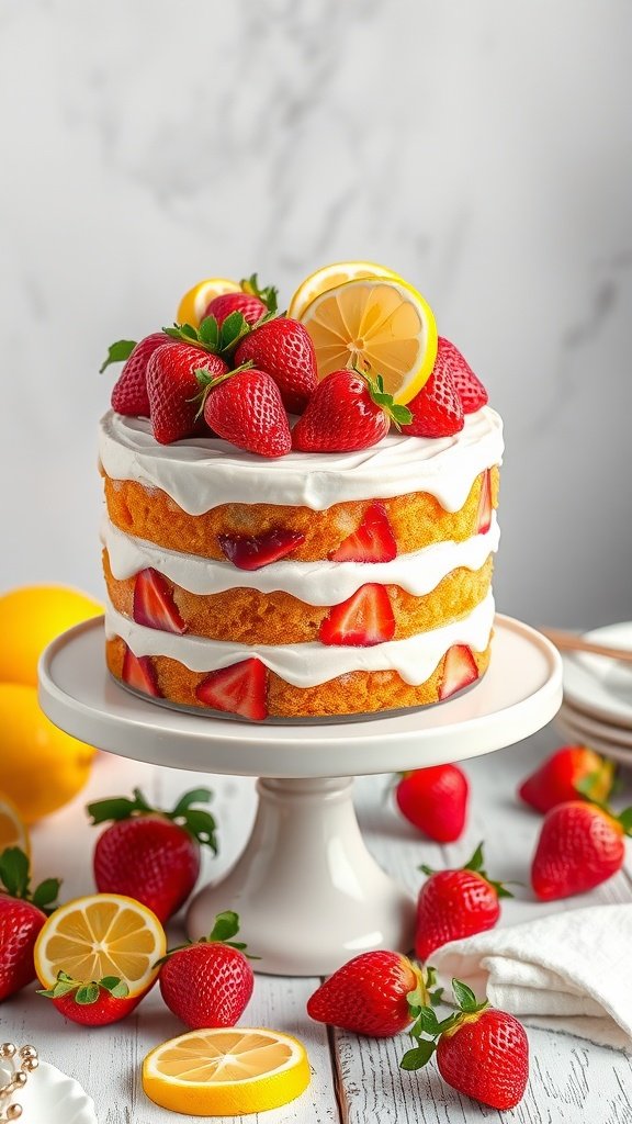 A beautiful Strawberry Lemonade Layer Cake topped with strawberries and lemon slices.