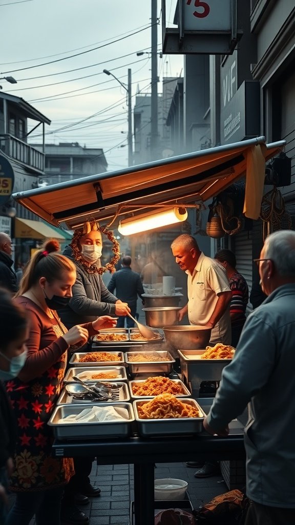 Street taco stand with vendors and customers in a busy market setting.