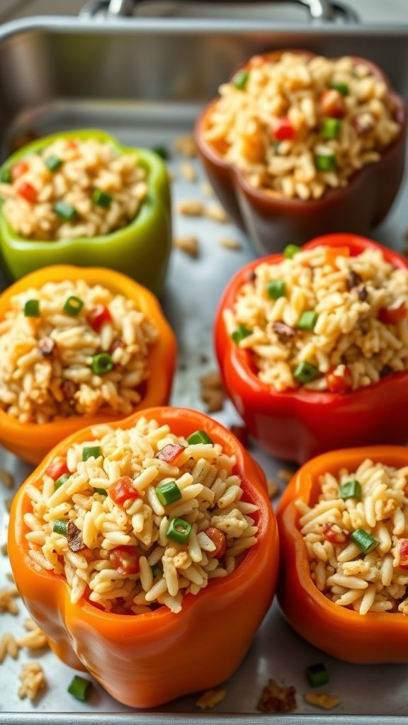 Colorful stuffed bell peppers filled with rice and veggies