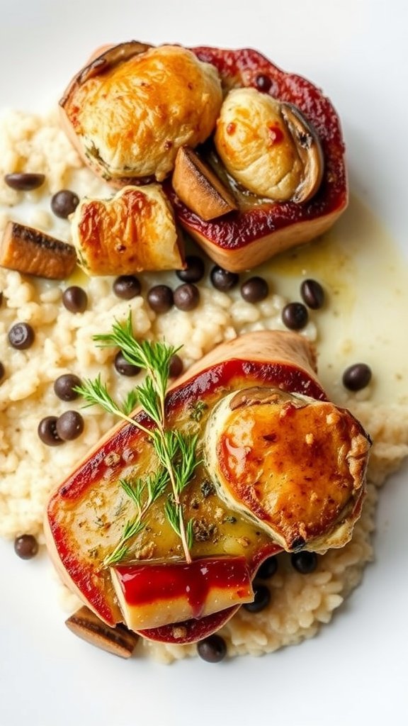 Stuffed pork chops served with mushroom risotto and garnished with herbs