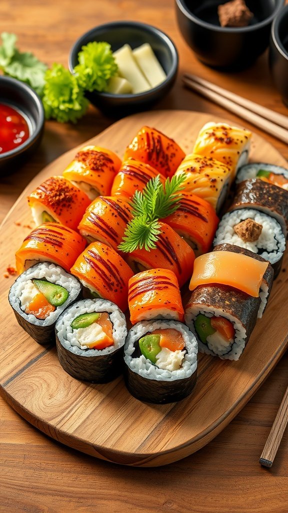 A wooden platter filled with colorful sushi rolls, featuring salmon, vegetables, and garnished with herbs.