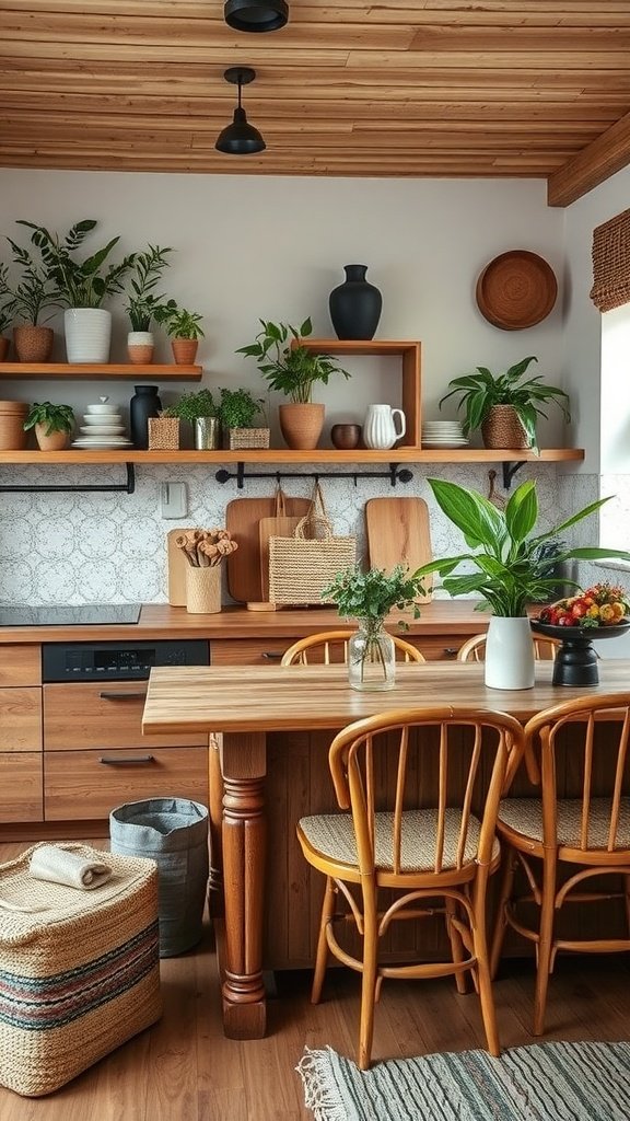 A modern kitchen with wooden cabinets, plants, and natural decor elements.