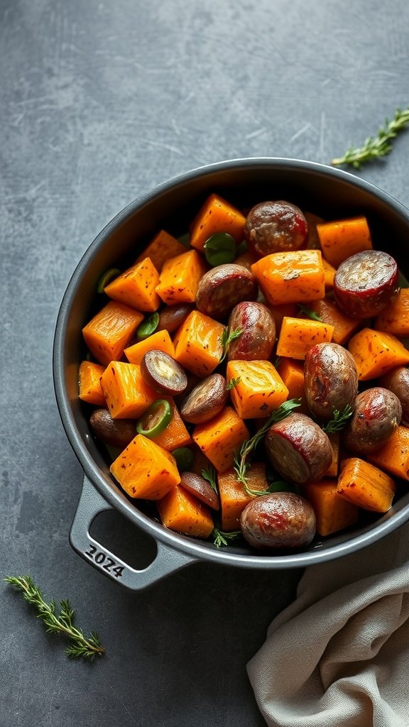 A skillet filled with diced sweet potatoes and sausage, garnished with herbs